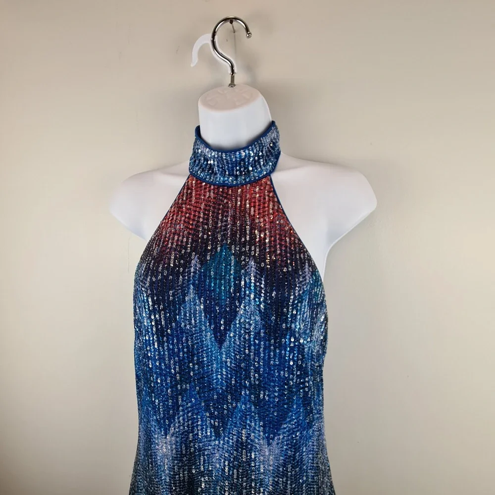 Ramy Brook Blue Multicolor Sequin Halter Midi Dress Size 6 Geometric Glam Slit - Picture 2 of 13